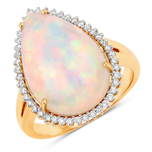 Opal-6.50 Carat Genuine Ethiopian Opal and White Diamond 14K Yellow Gold Ring