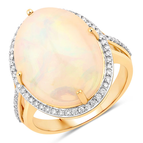 Opal-7.33 Carat Genuine Ethiopian Opal and White Diamond 14K Yellow Gold Ring