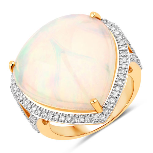 Opal-12.85 Carat Genuine Ethiopian Opal and White Diamond 14K Yellow Gold Ring