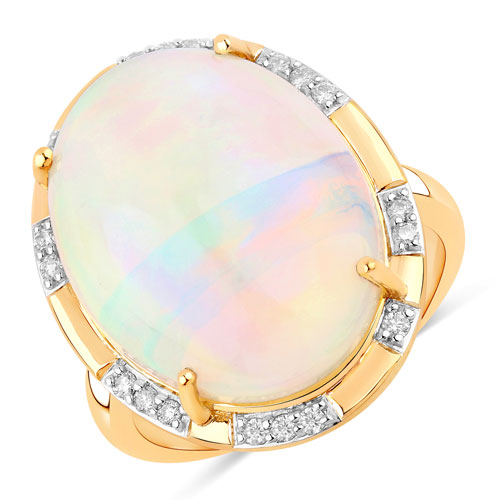 Opal-9.42 Carat Genuine Ethiopian Opal and White Diamond 14K Yellow Gold Ring