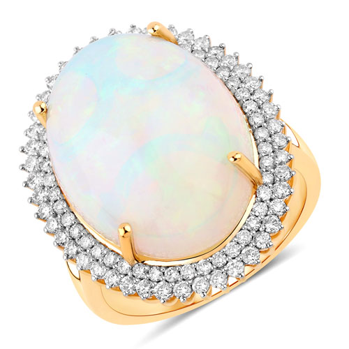 Opal-12.21 Carat Genuine Ethiopian Opal and White Diamond 14K Yellow Gold Ring