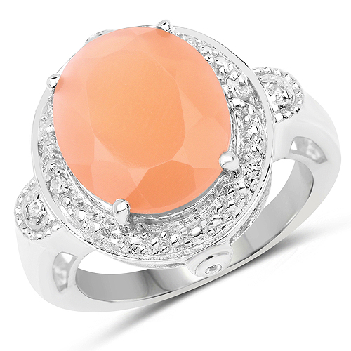 Rings-8.09 Carat Genuine Peach Moonstone and White Topaz .925 Sterling Silver Ring
