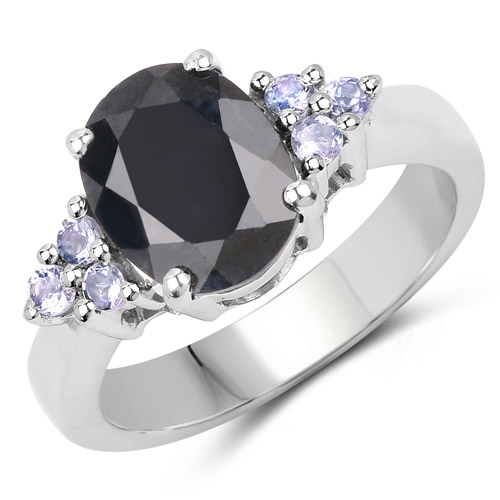 Sapphire-3.46 Carat Genuine Black Sapphire and Tanzanite .925 Sterling Silver Ring