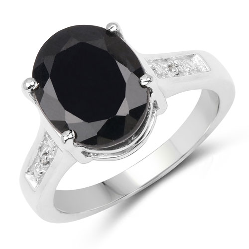 Sapphire-5.26 Carat Genuine Black Sapphire and White Diamond .925 Sterling Silver Ring