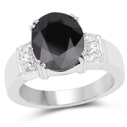 Sapphire-5.29 Carat Genuine Black Sapphire and White Topaz .925 Sterling Silver Ring