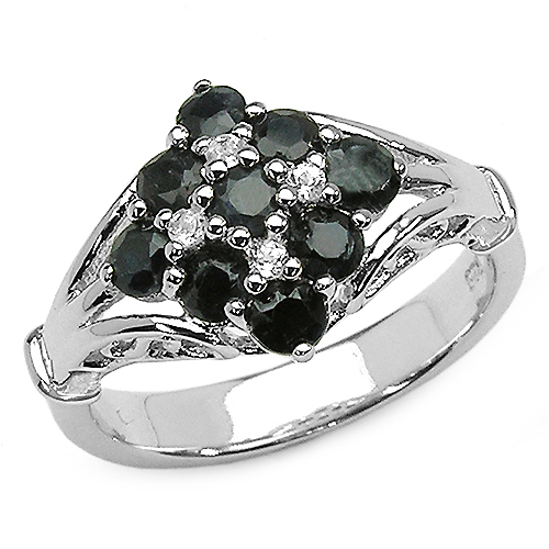 Sapphire-1.26 Carat Genuine Black Sapphire & White Topaz .925 Sterling Silver Ring