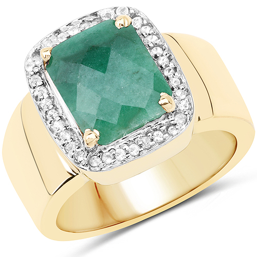 Emerald-14K Yellow Gold Plated 6.12 Carat Dyed Emerald and White Topaz .925 Sterling Silver Ring