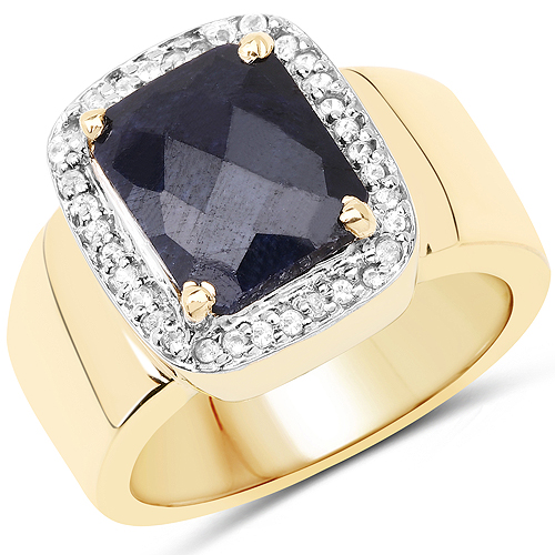Sapphire-14K Yellow Gold Plated 4.07 Carat Dyed Sapphire and White Topaz .925 Sterling Silver Ring
