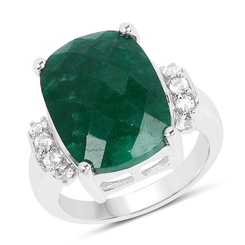 Emerald-8.50 Carat Dyed Emerald and White Topaz .925 Sterling Silver Ring