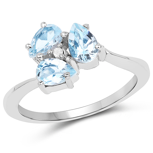 Rings-1.46 Carat Genuine Blue Topaz and White Diamond .925 Sterling Silver Ring