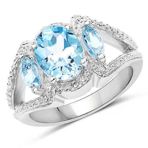 Rings-2.61 Carat Genuine Blue Topaz and White Topaz .925 Sterling Silver Ring
