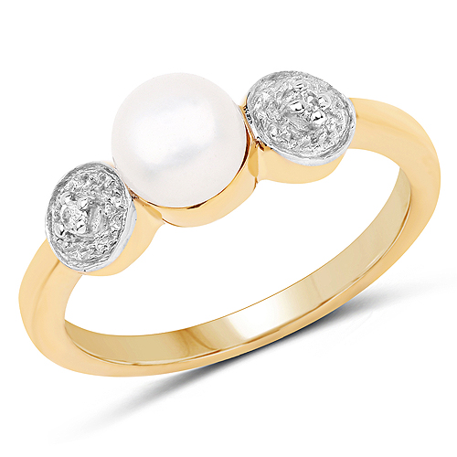 Pearl-14K Yellow Gold Plated 1.24 Carat Genuine Pearl and White Cubic Zirconia .925 Sterling Silver Ring