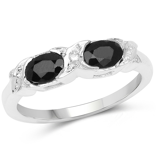 Sapphire-1.11 Carat Genuine Black Sapphire and White Diamond .925 Sterling Silver Ring