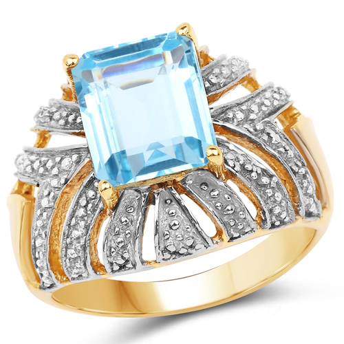 Rings-14K Yellow Gold Plated 3.89 Carat Genuine Blue Topaz Brass Ring