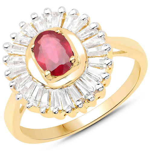 Ruby-14K Yellow Gold Plated 2.44 Carat Glass Filled Ruby and White Topaz .925 Sterling Silver Ring