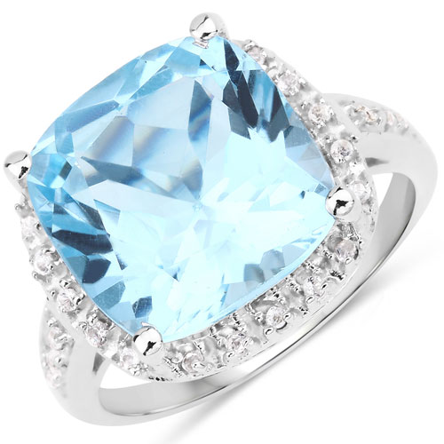 Rings-7.18 Carat Genuine Blue Topaz and White Topaz .925 Sterling Silver Ring