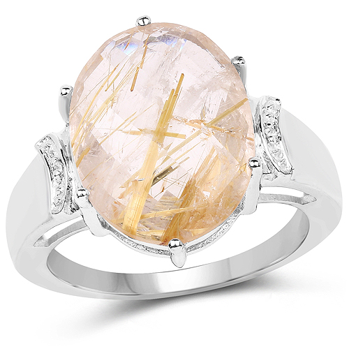 Rings-9.42 Carat Genuine Golden Rutile and White Topaz .925 Sterling Silver Ring
