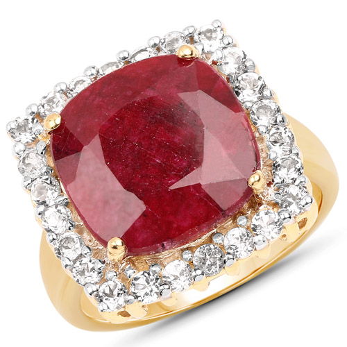 Ruby-18K Yellow Gold Plated 8.21 Carat Dyed Ruby and White Topaz .925 Sterling Silver Ring