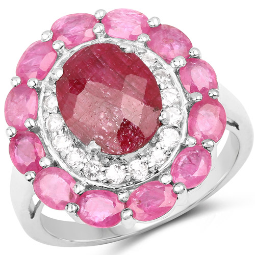 Ruby-6.01 Carat Dyed Ruby, Ruby and White Topaz .925 Sterling Silver Ring