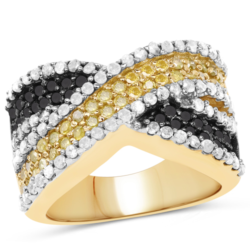 Diamond-14K Yellow Gold Plated 1.58 Carat Genuine Black Diamond, White Diamond & Yellow Diamond .925 Sterling Silver Ring