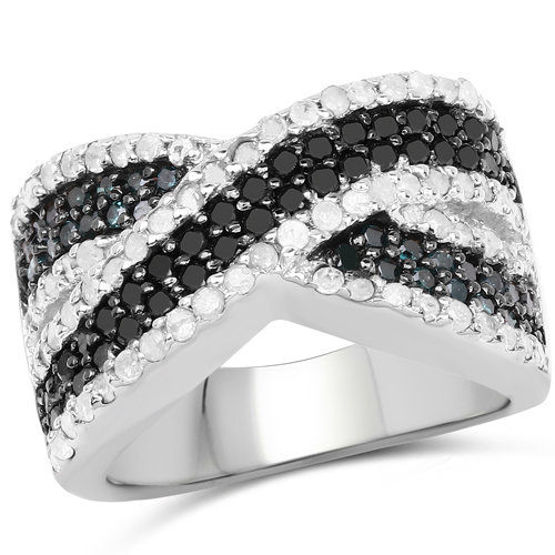 Diamond-1.57 Carat Genuine Blue Diamond, White Diamond & Black Diamond .925 Sterling Silver Ring