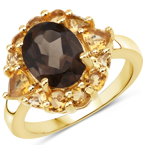 Rings-4.00 Carat Genuine Smoky Quartz and Citrine .925 Sterling Silver Ring