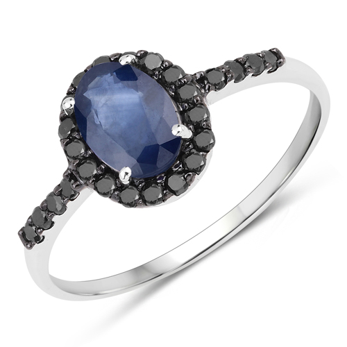 Sapphire-1.16 Carat Genuine Blue Sapphire and Black Diamond 10K White Gold Ring