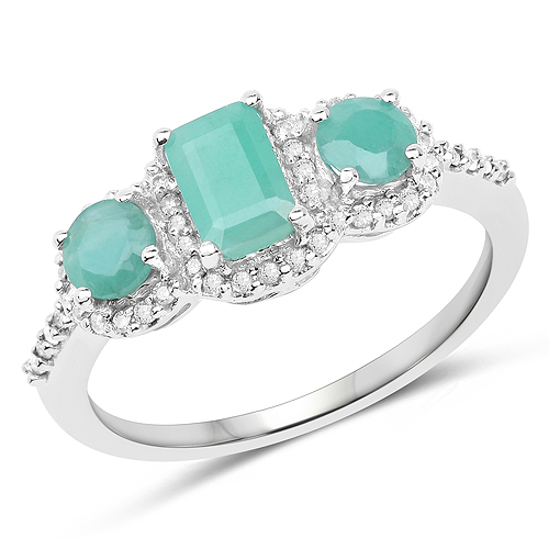 Emerald-1.21 Carat Genuine Emerald and White Diamond 10K White Gold Ring