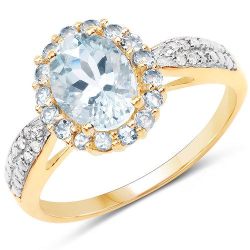 Rings-1.40 Carat Genuine Aquamarine and White Diamond 10K Yellow Gold Ring