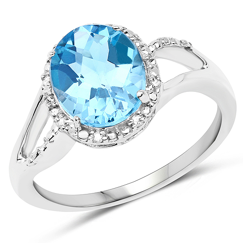 Rings-3.29 Carat Genuine Swiss Blue Topaz and White Diamond 10K White Gold Ring
