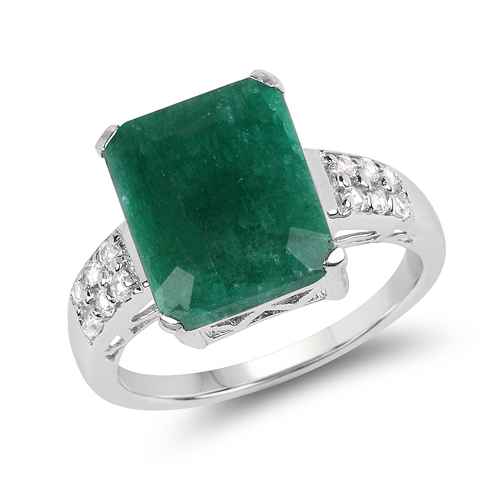 Emerald-6.54 Carat Dyed Emerald & White Topaz .925 Sterling Silver Ring