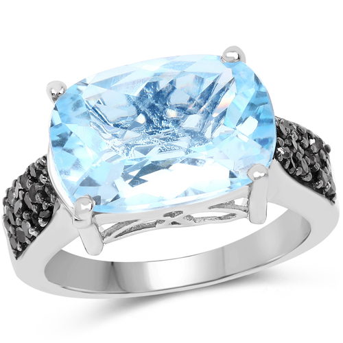 Rings-3.96 Carat Genuine Baby Swiss Blue Topaz and Black Diamond .925 Sterling Silver Ring