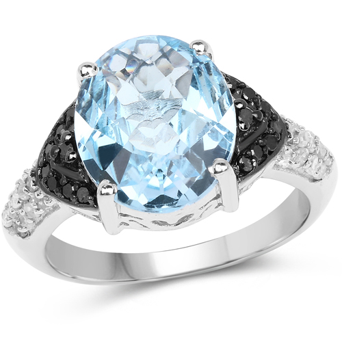 Rings-5.37 Carat Genuine Swiss Blue Topaz, Black Diamond & White Topaz .925 Sterling Silver Ring