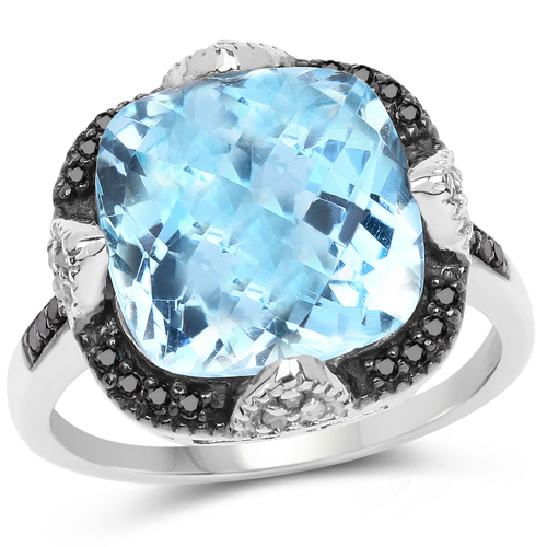 Rings-8.29 Carat Genuine Swiss Blue Topaz, Black Diamond & White Diamond .925 Sterling Silver Ring