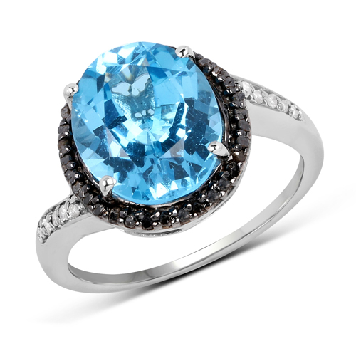 Rings-5.48 Carat Genuine Swiss Blue Topaz, Black Diamond and White Diamond .925 Sterling Silver Ring