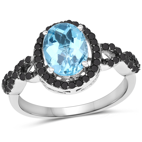 Rings-2.92 Carat Genuine Blue Topaz, Black Diamond & White Diamond .925 Sterling Silver Ring
