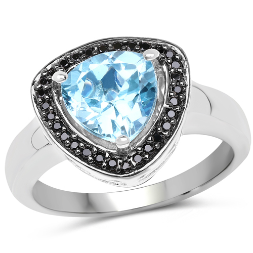 Rings-2.06 Carat Genuine Baby Swiss Blue Topaz and Black Diamond .925 Sterling Silver Ring