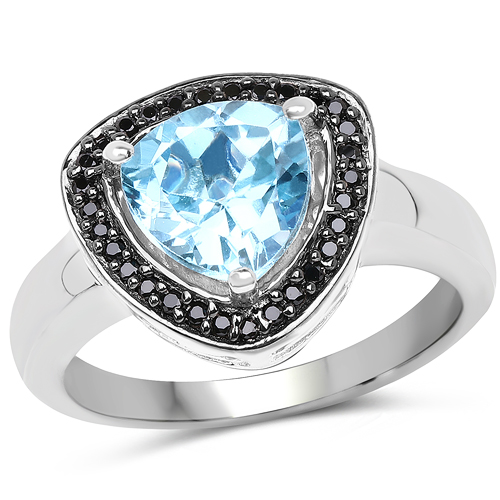 Rings-2.06 Carat Genuine Swiss Blue Topaz and Black Diamond .925 Sterling Silver Ring