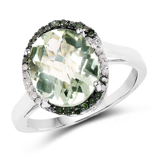 4.42 Carat Genuine Green Amethyst, Green Diamond & White Diamond .925 Sterling Silver Ring