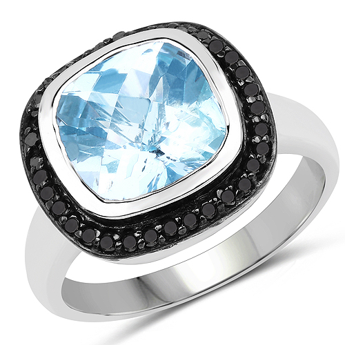 Rings-5.23 Carat Genuine Baby Swiss Blue Topaz and Black Diamond .925 Sterling Silver Ring