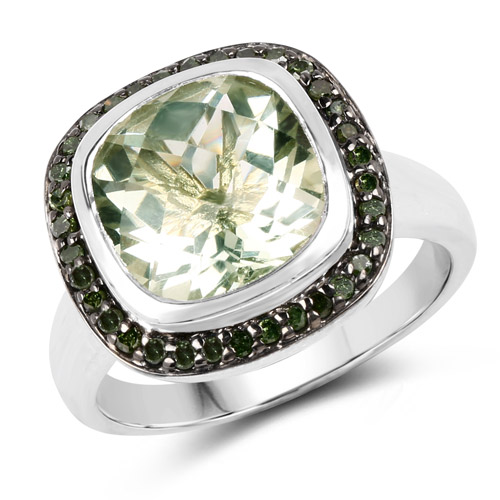 Amethyst-5.19 Carat Genuine Green Amethyst and Green Diamond .925 Sterling Silver Ring