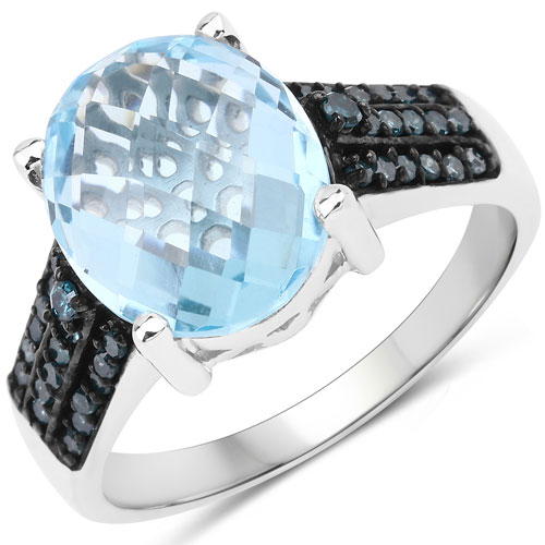 Rings-5.41 Carat Genuine Blue Topaz and Blue Diamond .925 Sterling Silver Ring