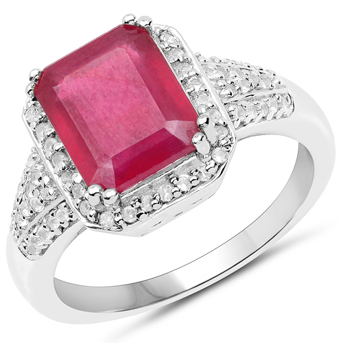 Ruby-4.55 Carat Glass Filled Ruby and White Topaz .925 Sterling Silver Ring