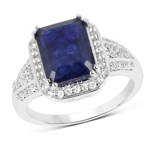 Sapphire-4.80 Carat Glass Filled Sapphire and White Topaz .925 Sterling Silver Ring