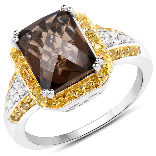 Rings-3.48 Carat Genuine Smoky Quartz, Yellow Diamond and White Diamond .925 Sterling Silver Ring