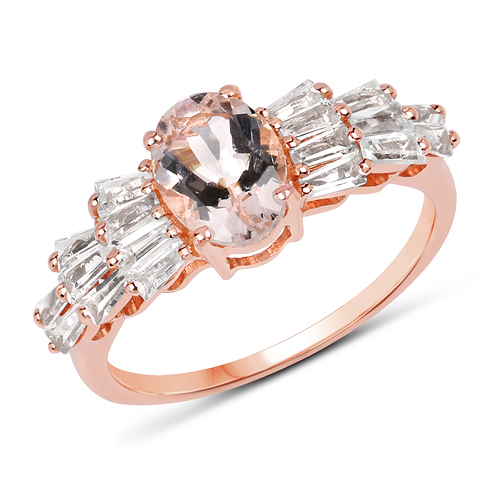 Rings-14K Rose Gold Plated 2.08 Carat Genuine Morganite and White Topaz .925 Sterling Silver Ring
