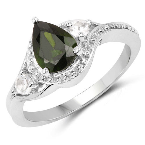 Rings-1.30 Carat Genuine Chrome Diopside and White Topaz .925 Sterling Silver Ring