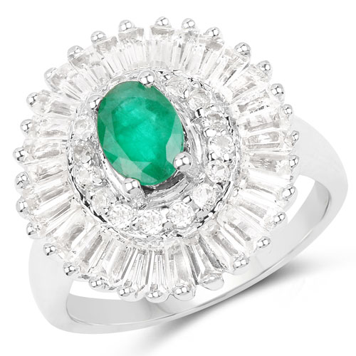 Emerald-2.80 Carat Genuine Emerald and White Topaz .925 Sterling Silver Ring