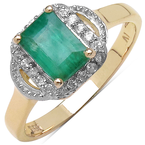 Emerald-1.10 Carat Genuine Emerald & White Cubic Zircon 14K Yellow Gold Ring