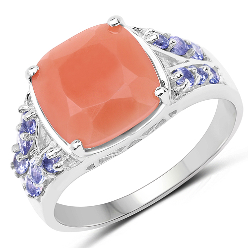 Rings-3.97 Carat Genuine Peach Moonstone and Tanzanite .925 Sterling Silver Ring